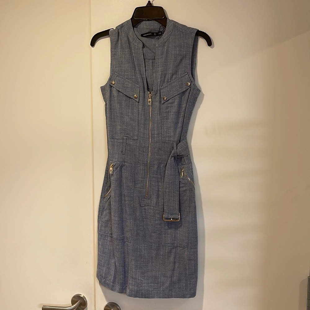Karen Millen blue-grey dress Size 2 zippers and buttons, new never worn.